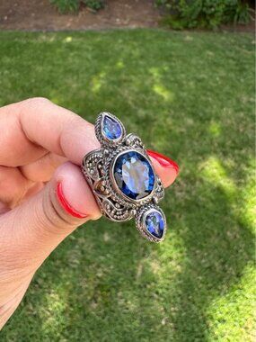 Boho Sterling Silver 925 Mystic Quartz Ring – Blue Iridescent Gemstone 6.5
